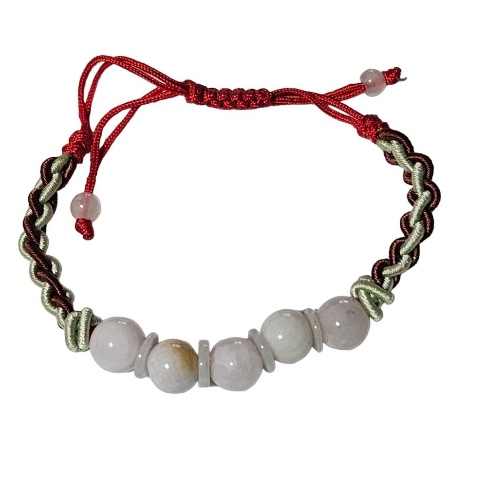 Boho Handmade Braided White Beaded Bracelet Red Green Cord Adjustable Friendship